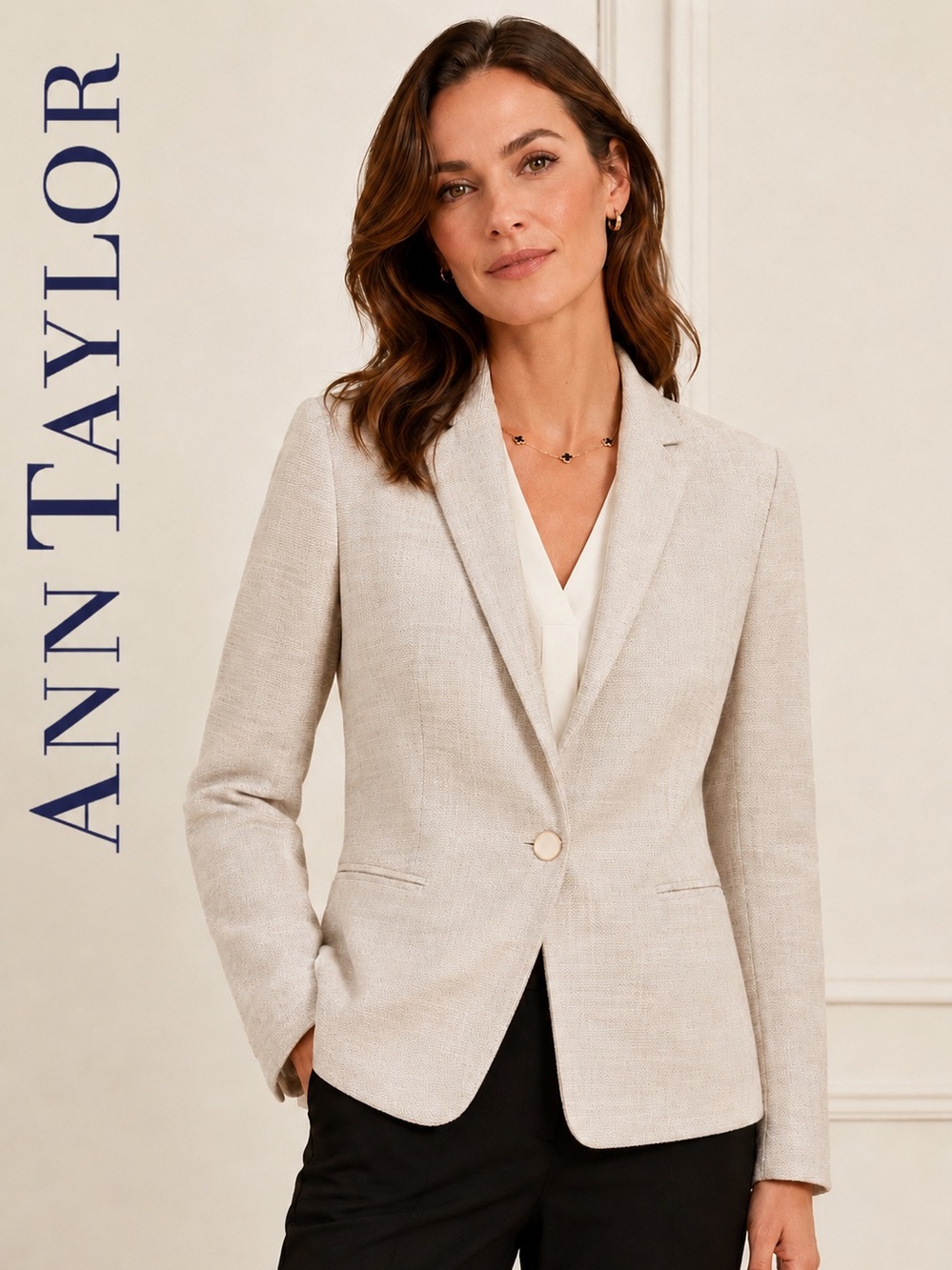 Ann Taylor Textured Basket Weave Cream Blazer Size 6